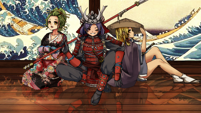 3girls, alternate_costume, alternate_hairstyle, armor, blonde_hair, cloak, commentary_request, green_hair