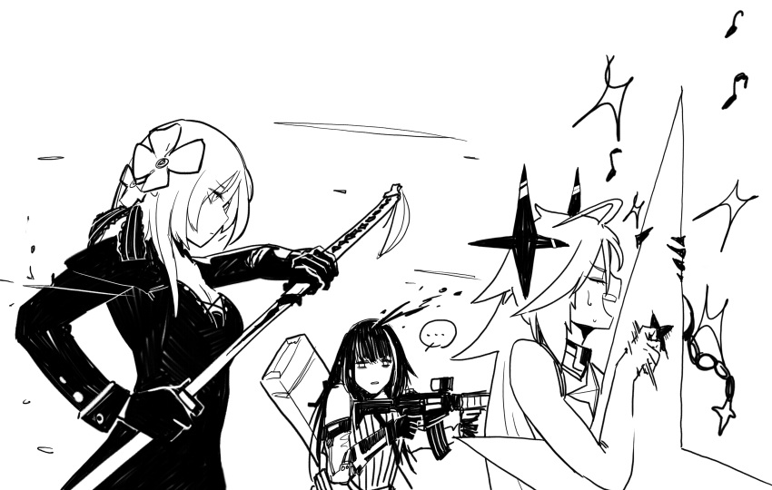 ..., 3girls, absurdres, assault_rifle, black_hair, bleeding, blood, bullpup
