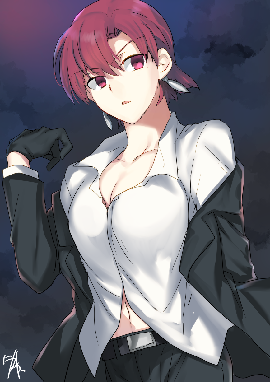1girl, bazett_fraga_mcremitz, black_gloves, black_jacket, black_pants, breasts, cleavage, clouds