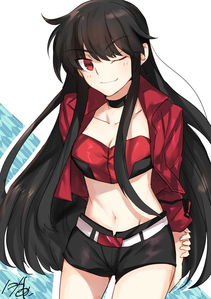 1girl, ;), arm_behind_back, black_hair, black_shorts, breasts, choker, cleavage