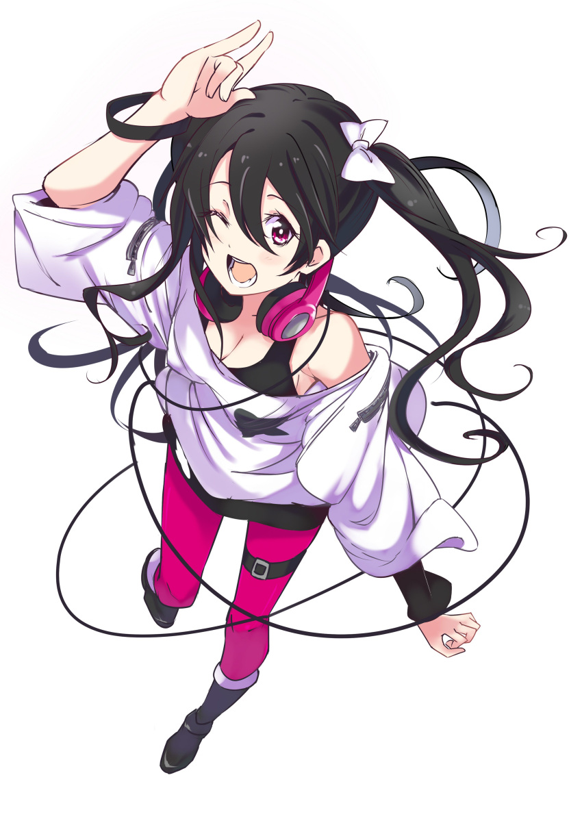 1girl, absurdres, arm_up, black_footwear, black_hair, boots, bow, breasts