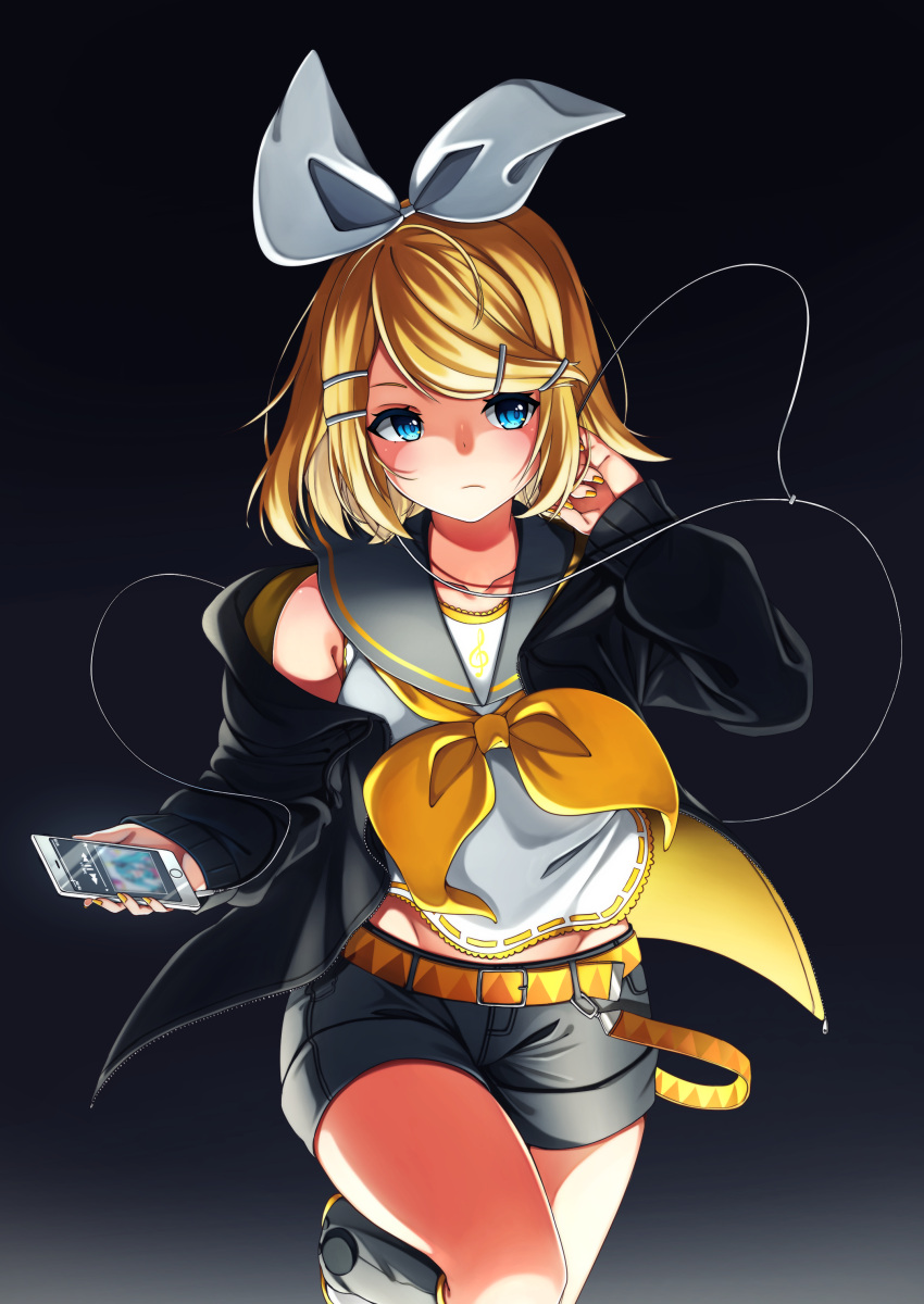 1girl, absurdres, bangs, black_background, black_jacket, blonde_hair, blue_eyes, bow