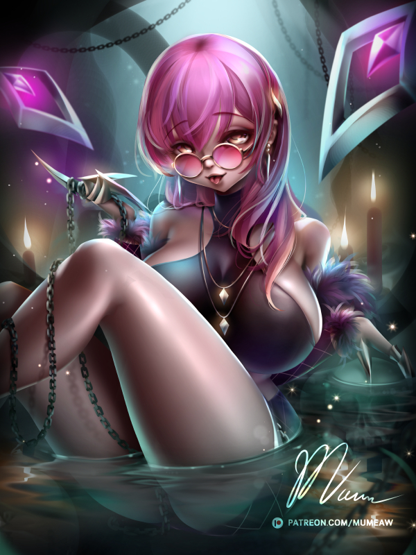 1girl, bare_shoulders, black_legwear, blush, breasts, eyebrows_visible_through_hair, fang, fantasy, game_art, glasses, hair_between_eyes, k/da_(league_of_legends), k/da_evelynn, large_breasts, league_of_legends, long_hair, looking_at_viewer, mumeaw, open_mouth, purple_hair, self_upload, sitting, smile, solo, thigh-highs, tongue, weapon, yellow_eyes