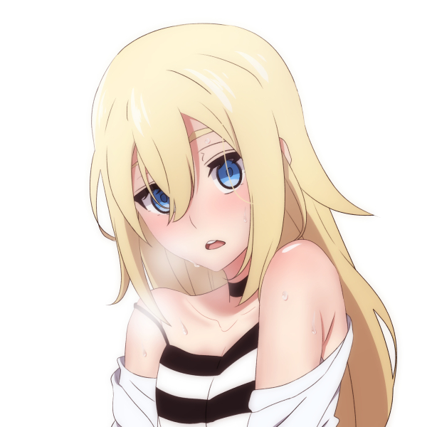 1girl, arimon_(dfrgty12), blonde_hair, blue_eyes, blush, choker, clothes_down, collarbone