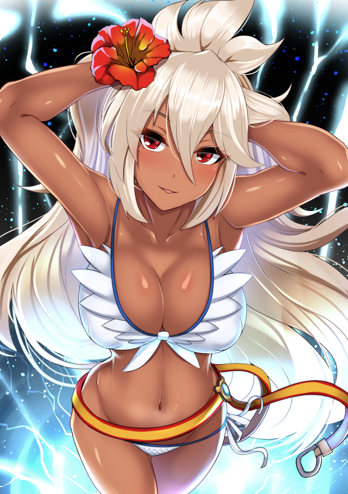 1girl, ahoge, armpits, arms_behind_head, arms_up, bangs, bare_shoulders, belt, bikini, blush, breasts, cleavage, collarbone, dark_skin, erect_nipples, flower, front-tie_top, granblue_fantasy, hair_between_eyes, hair_flower, hair_ornament, hibiscus, hips, large_breasts, long_hair, looking_at_viewer, navel, parted_lips, puffy_nipples, red_eyes, smile, solo, swimsuit, tenken_(gotannda), thighs, white_bikini, white_hair, zooey_(granblue_fantasy)