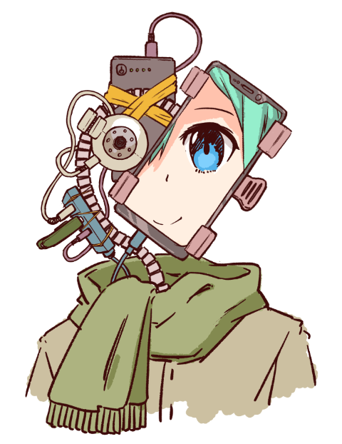 1girl, blue_eyes, borisx, cable, cellphone, commentary, extension_cord, green_hair