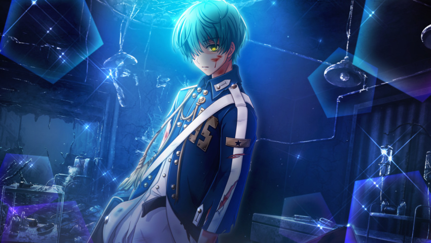 1boy, aiguillette, aqua_hair, bleeding, blood, blood_on_face, bruise, constricted_pupils