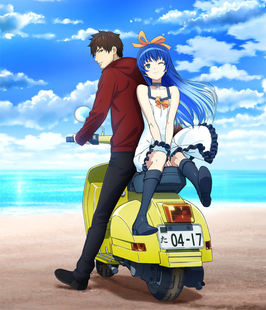 1boy, 1girl, ;), beach, blue_eyes, blue_hair, boots, brown_eyes