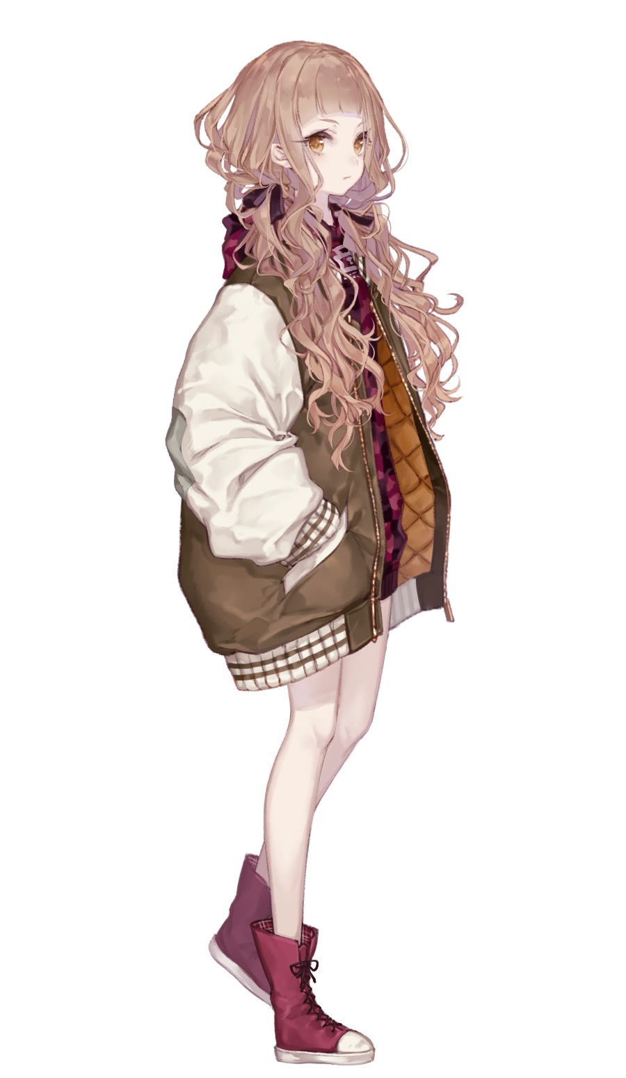 1girl, blonde_hair, contemporary, curly_hair, full_body, hands_in_pockets, highres, jacket, little_red_riding_hood_(sinoalice), long_hair, looking_at_viewer, open_clothes, open_jacket, orange_eyes, padded_coat, shoes, sinoalice, sneakers, solo, unzipped, white_background, yoggi_(stretchmen)