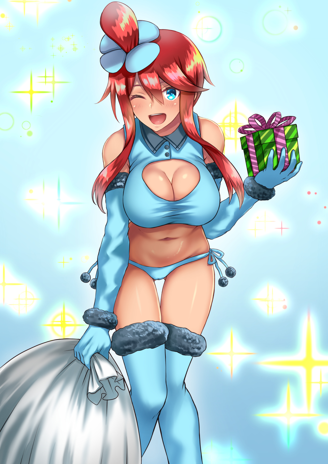 1girl, ;d, adapted_costume, bare_shoulders, blue_eyes, blue_gloves, blue_legwear, blue_panties