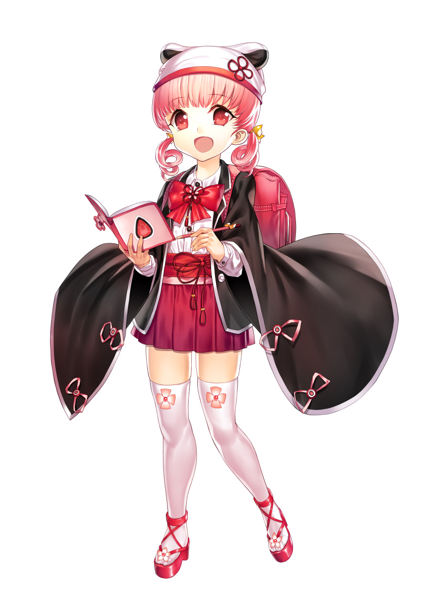 1girl, :d, absurdres, animal_ears, animal_hat, backpack, bag, bangs
