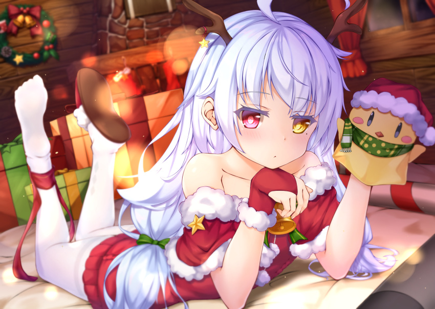 1girl, ahoge, antlers, azur_lane, bangs, bell, blurry, blush