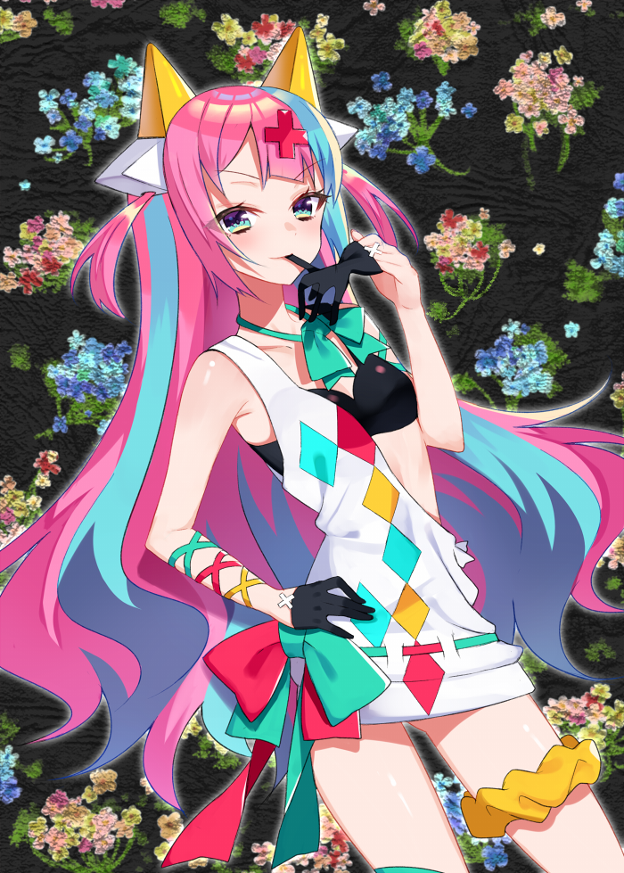1girl, bare_shoulders, biting, black_bra, black_gloves, blue_hair, blush, bra