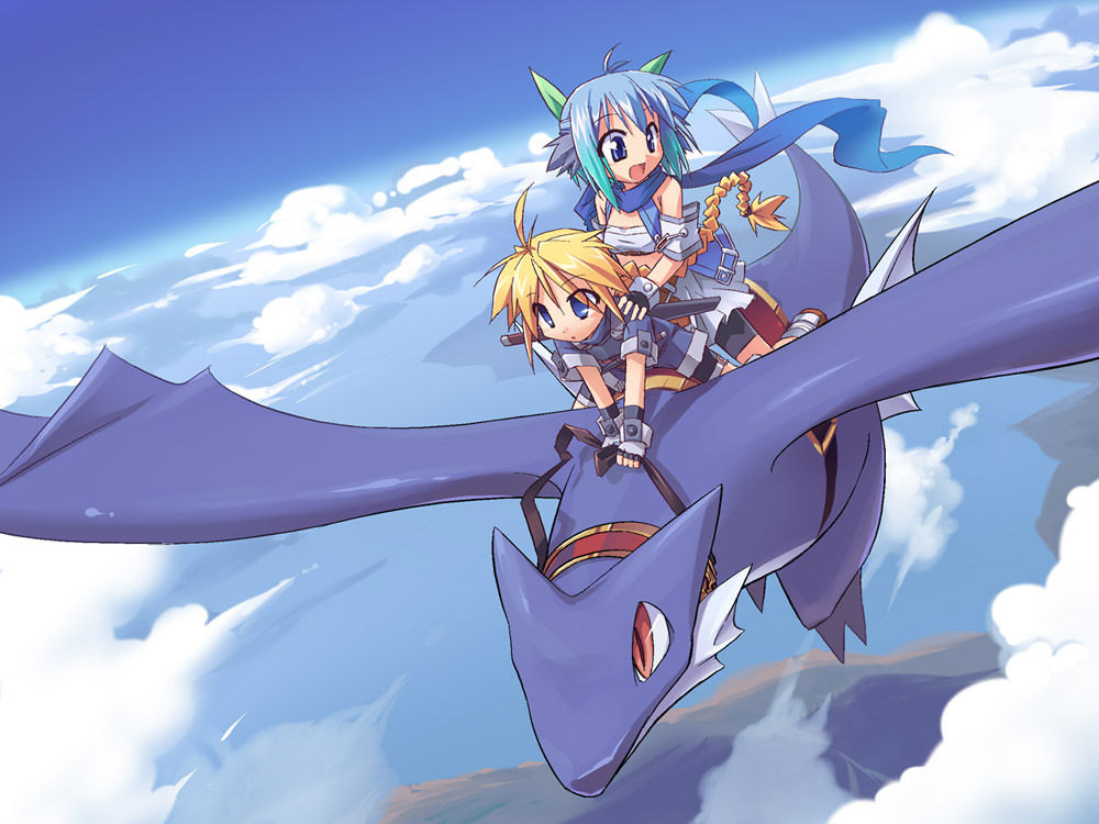 ahoge, bike_shorts, blonde_hair, blue_eyes, blue_hair, dragon, flying, mof, multiple_girls, pixiv, pixiv_fantasia, pixiv_fantasia_2, redrantem, redrantem's_orange_haired_girl, redrantem's_orange_haired_girl, riding, sky
