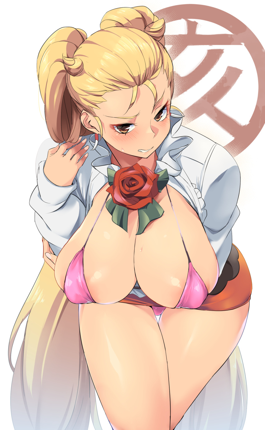 1girl, absurdres, arm_under_breasts, bikini, blonde_hair, blush, bow, bowtie