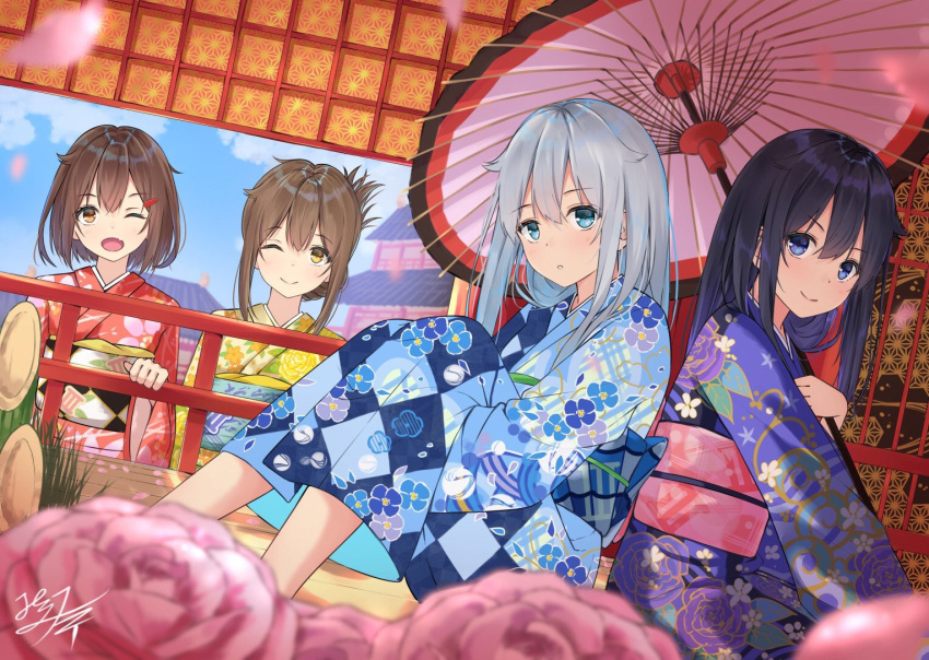 4girls, ;), ;o, akatsuki_(kantai_collection), alternate_costume, architecture, argyle, argyle_kimono, arms_between_legs, artist_name, bamboo, bangs, blue_eyes, blue_kimono, blue_sky, blurry, blurry_foreground, blush, brown_eyes, brown_hair, building, clouds, day, depth_of_field, dutch_angle, east_asian_architecture, eyebrows_visible_through_hair, eyelashes, fang, fence, floral_print, flower, folded_ponytail, grass, hair_between_eyes, hair_flaps, hair_ornament, hairclip, hibiki_(kantai_collection), holding, holding_umbrella, ikazuchi_(kantai_collection), inazuma_(kantai_collection), japanese_clothes, kadomatsu, kantai_collection, kimono, leg_hug, long_hair, long_sleeves, looking_at_viewer, miko_fly, multicolored_umbrella, multiple_girls, obi, one_eye_closed, open_mouth, orange_kimono, oriental_umbrella, outdoors, petals, pink_flower, pink_petals, pink_rose, pink_umbrella, print_kimono, purple_hair, purple_kimono, rose, rose_petals, rose_print, sash, shadow, short_hair, sidelocks, signature, silver_hair, sitting, sky, smile, umbrella, v-shaped_eyebrows, violet_eyes, wide_sleeves, wooden_floor, yellow_kimono