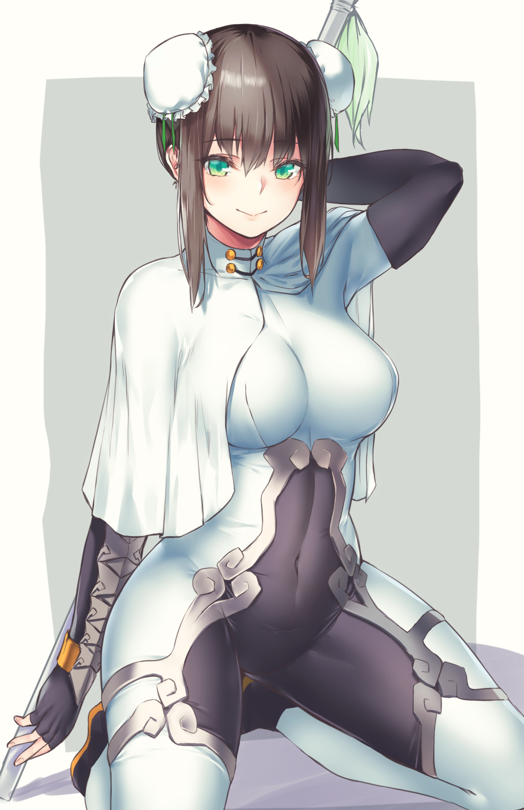 1girl, arm_guards, arm_up, arms_behind_back, bangs, black_gloves, black_hair, bodysuit