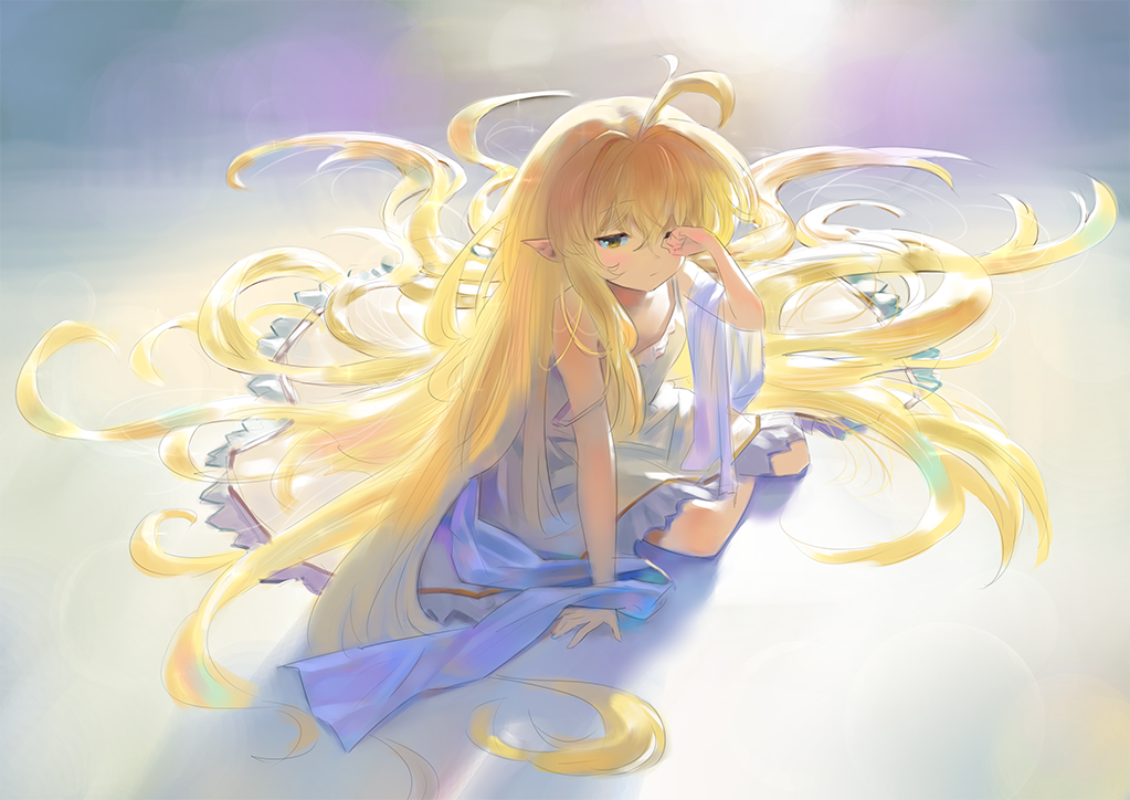1girl, ahoge, arm_support, arm_up, bangs, bare_arms, bare_shoulders, blonde_hair