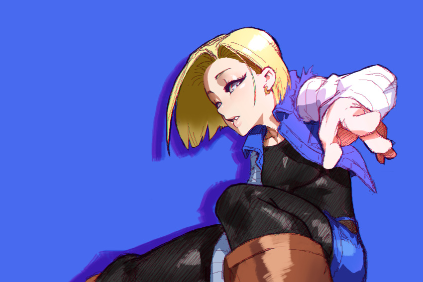 1girl, android_18, asymmetrical_hair, black_legwear, blonde_hair, blue_background, blue_eyes, boots