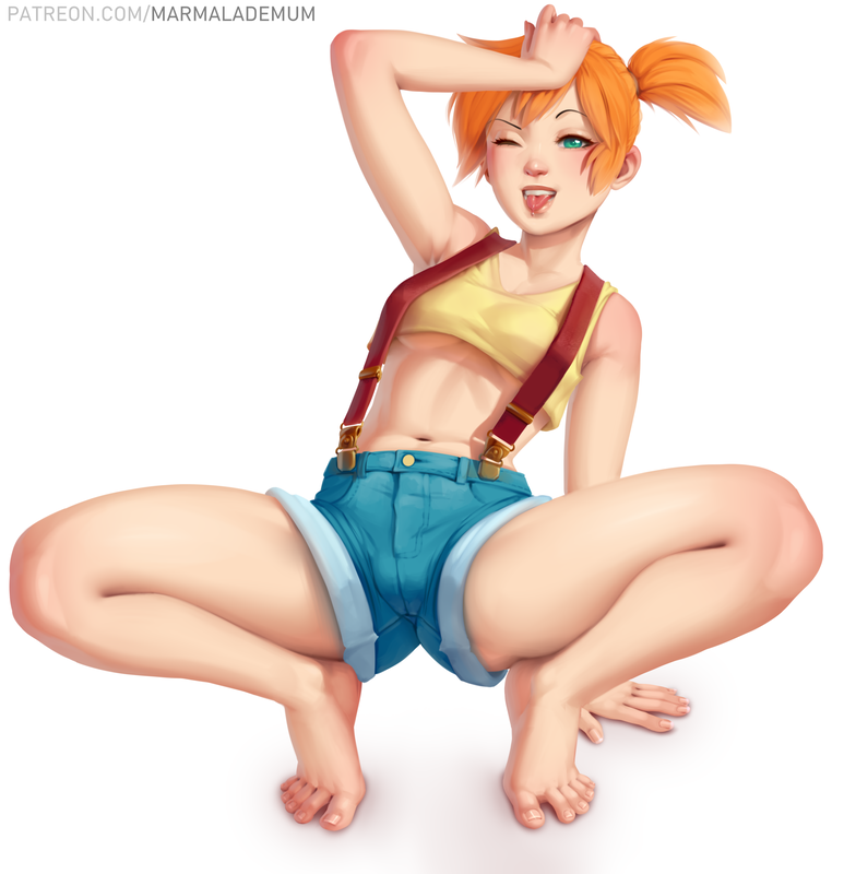 1girl, ;p, barefoot, breasts, creatures_(company), crop_top, denim, denim_shorts, eyelashes, feet, full_body, game_freak, green_eyes, hand_on_own_head, kasumi_(pokemon), marmalade_mum, navel, nintendo, one_eye_closed, one_side_up, orange_hair, patreon_username, pokemon, pokemon_(anime), pokemon_(classic_anime), shorts, small_breasts, solo, spread_legs, squatting, suspenders, tiptoes, toes, tongue, tongue_out, under_boob