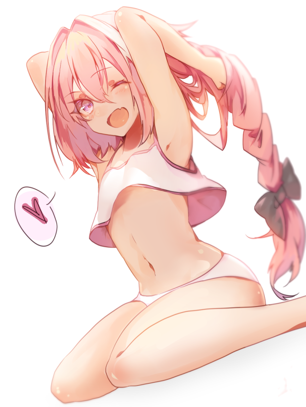 1boy, ;d, androgynous, armpits, arms_up, astolfo_(fate), black_bow, bow, eyebrows_visible_through_hair, fate/apocrypha, fate_(series), hair_between_eyes, hair_bow, hands_in_hair, heart, long_hair, male_focus, midriff, navel, one_eye_closed, open_mouth, panties, pink_eyes, pink_hair, ponytail, saihate_(d3), sitting, smile, solo, speech_bubble, stomach, tank_top, trap, underwear, very_long_hair, wariza, white_panties