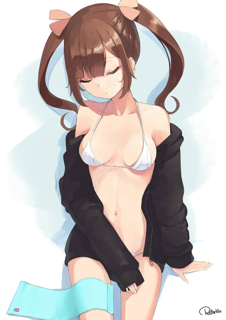 1girl, arm_at_side, artist_name, bangs, bare_shoulders, bikini, bikini_under_clothes, blue_background