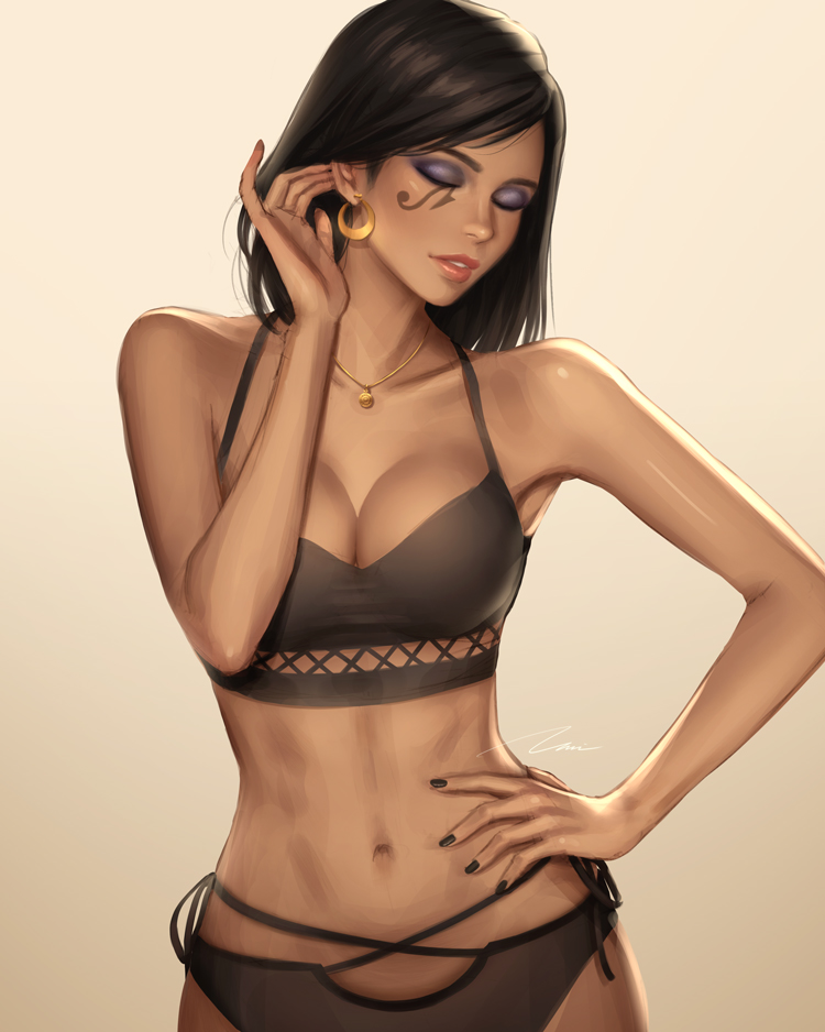 1girl, adjusting_hair, armpits, bare_arms, bare_shoulders, black_bra, black_hair, black_nails