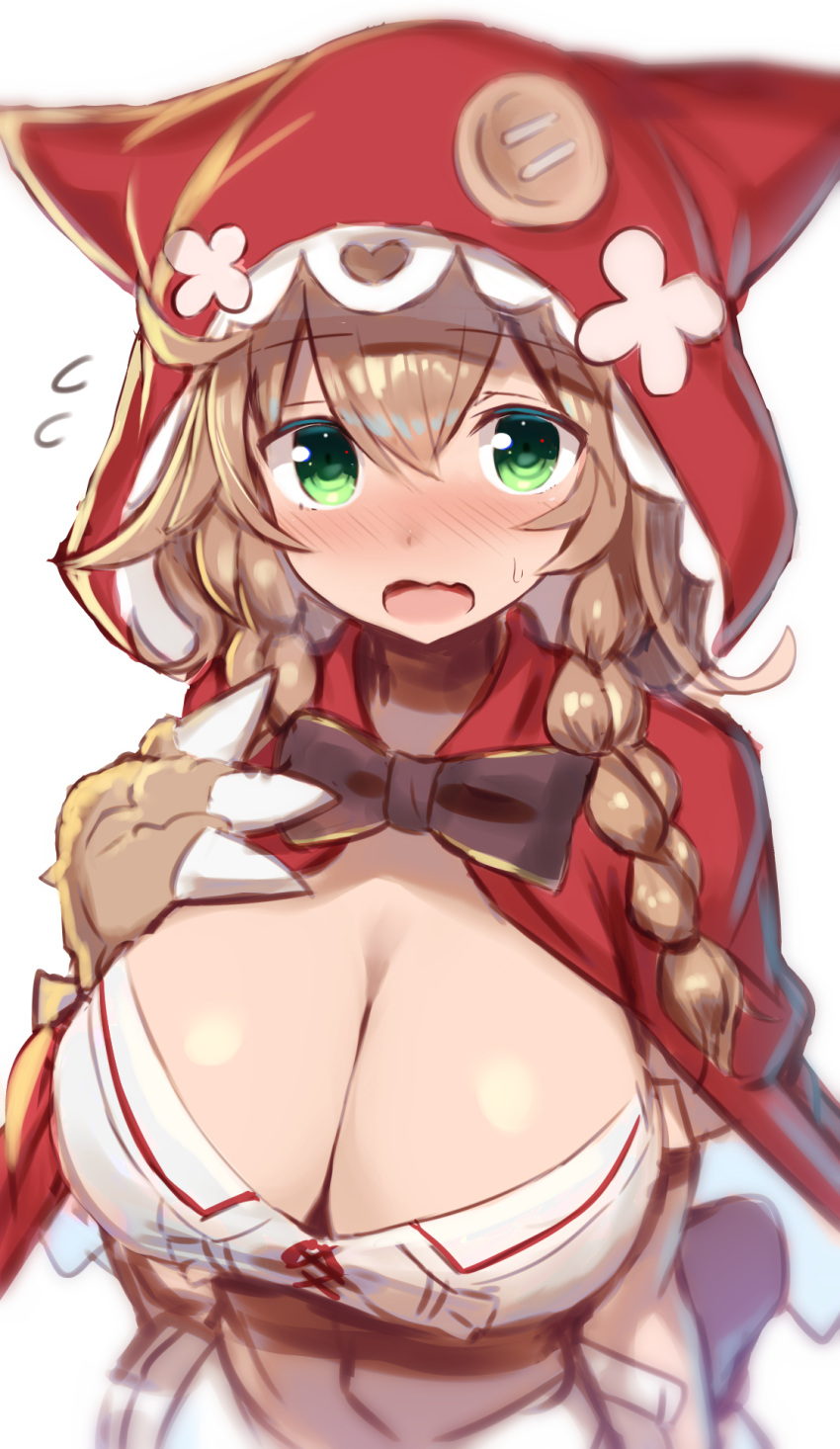 1girl, bangs, black_bow, blurry, blush, bow, breasts, brown_hair, buttons, cleavage, commentary, depth_of_field, from_above, gloves, greatmosu, green_eyes, hair_between_eyes, highres, huge_breasts, long_hair, looking_at_viewer, low_twin_braids, nijisanji, open_mouth, oversized_object, paw_gloves, paws, red_hood, solo, sweatdrop, upper_body, virtual_youtuber, warabeda_meijii, wavy_mouth
