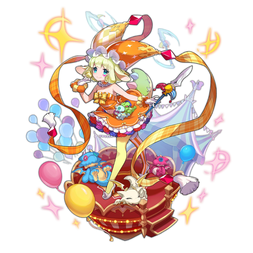 1girl, animal_ears, annelie_(dragalia_lost), artist_request, asymmetrical_clothes, asymmetrical_legwear, balloon, dragalia_lost, dragon, full_body, hat, jester_cap, looking_at_viewer, non-web_source, semi-rimless_eyewear, shine, smile, stuffed_toy, sword, tent, under-rim_eyewear, weapon