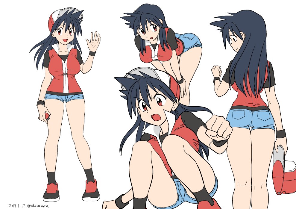 1girl, artist_name, ass, black_hair, black_legwear, black_shirt, blush, breasts