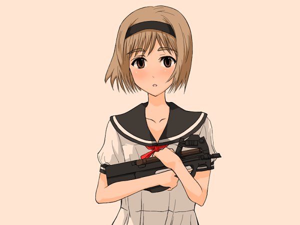 blush, bob_cut, brown_eyes, brown_hair, bullpup, gun, gunslinger_girl, hairband