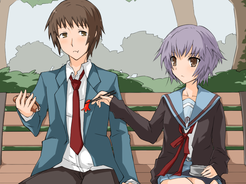 bench, cardigan, chopsticks, hentai_(1985), hentai_(pixiv4694), kyon, nagato_yuki, necktie