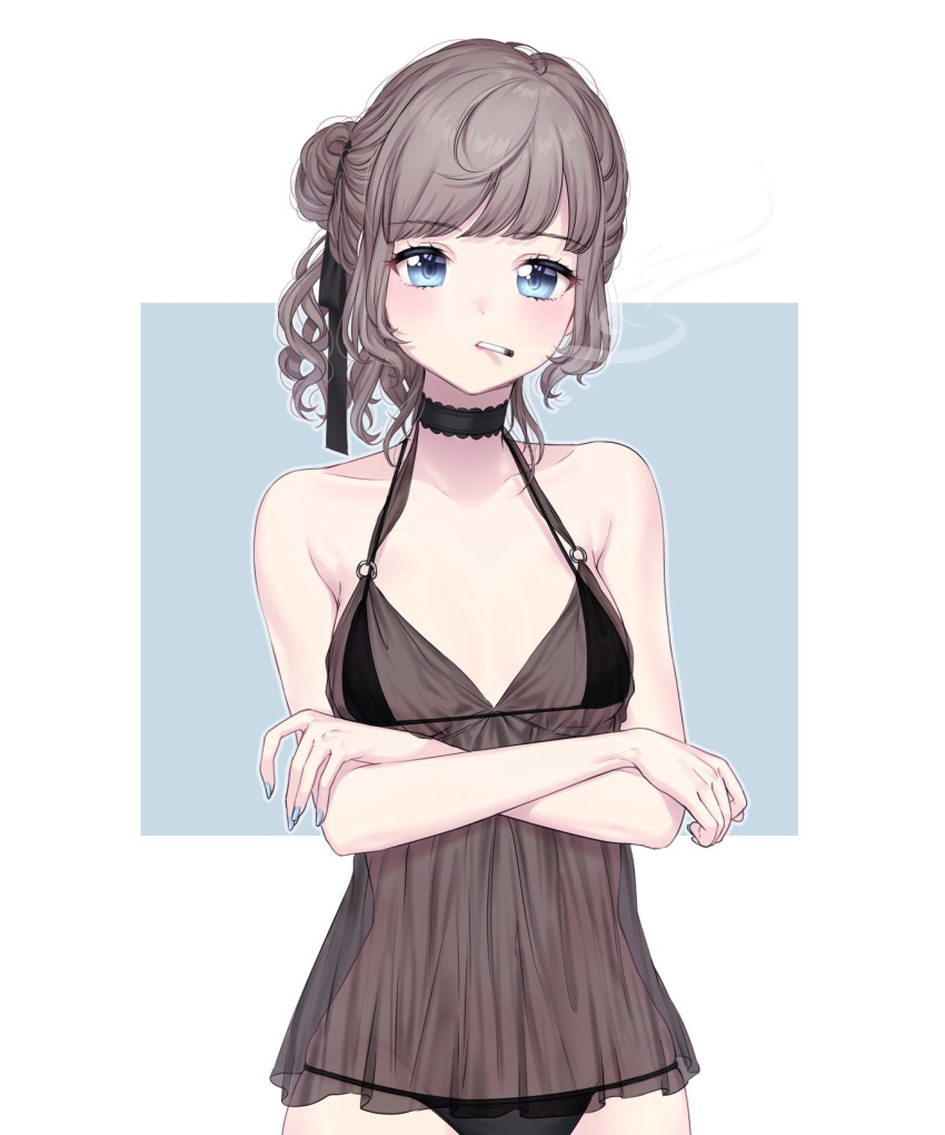 1girl, bangs, bare_arms, bare_shoulders, bikini, black_bikini, black_choker, black_ribbon