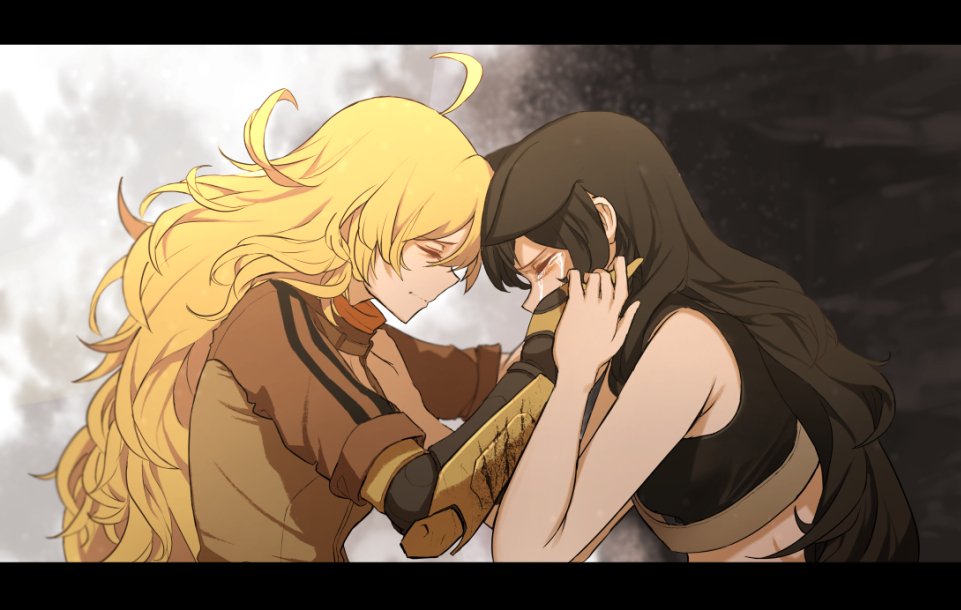 2girls, ahoge, animal_ears, bare_shoulders, black_hair, blake_belladonna, blonde_hair, breasts