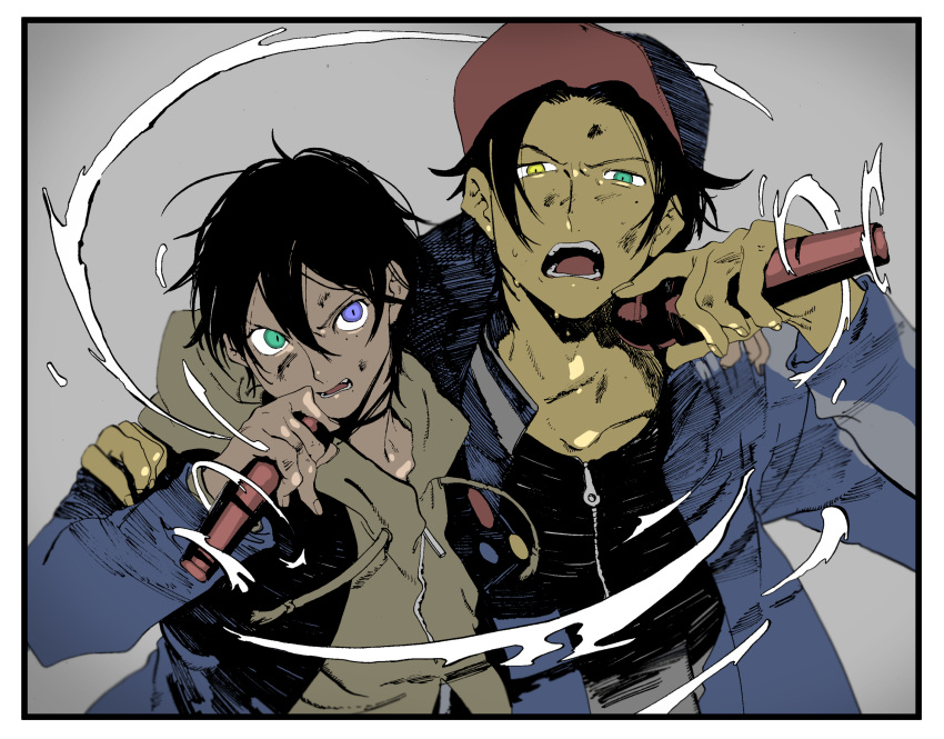 2boys, arm_around_shoulder, black_border, black_hair, blue_jacket, border, brothers, heterochromia