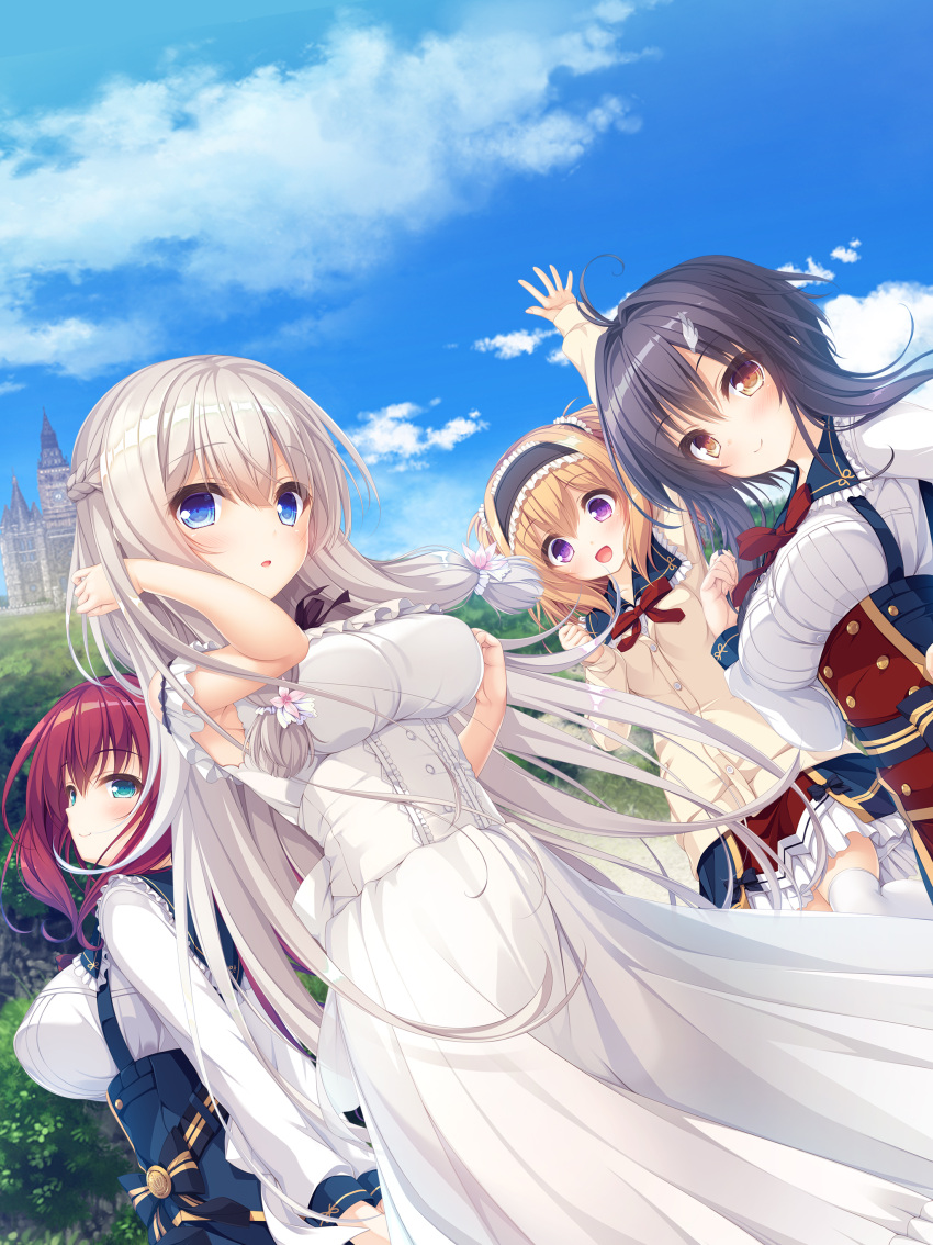 4girls, :o, absurdres, aino_miori, aqua_eyes, arm_up, black_hair, blue_eyes
