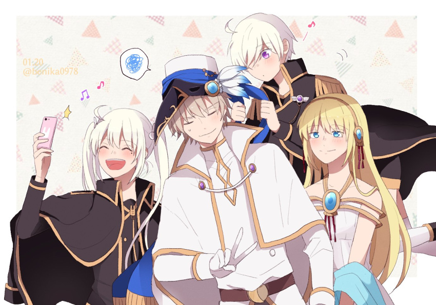 ahoge, annoyed, aria_(maplestory), bare_shoulders, benika, blonde_hair, bunny_hair_ornament, cellphone