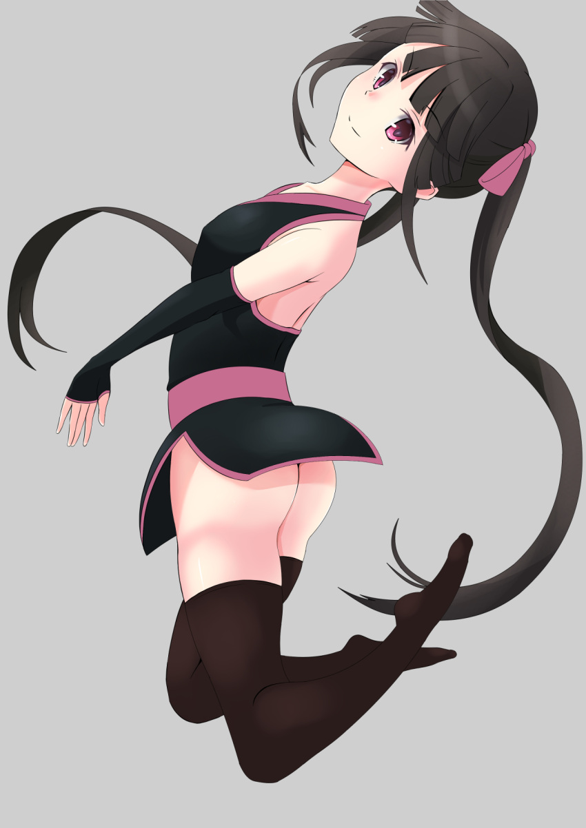 1girl, ass, bare_back, bare_shoulders, black_dress, black_gloves, black_hair, black_legwear
