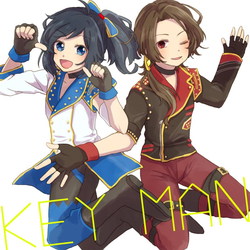 2boys, asymmetrical_sleeves, black_gloves, black_hair, blue_eyes, boots, brown_hair, choker