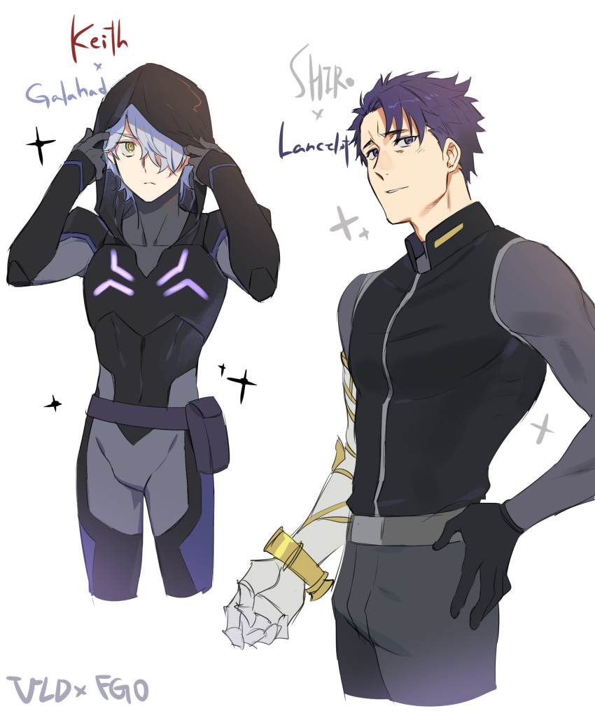 2boys, absurdres, amputee, bodysuit, character_name, closed_mouth, cosplay, fate/grand_order