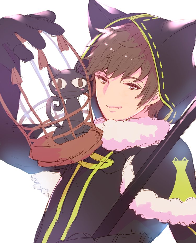 1boy, animal_hood, black_gloves, brown_hair, cage, cat, cat_hood, closed_mouth