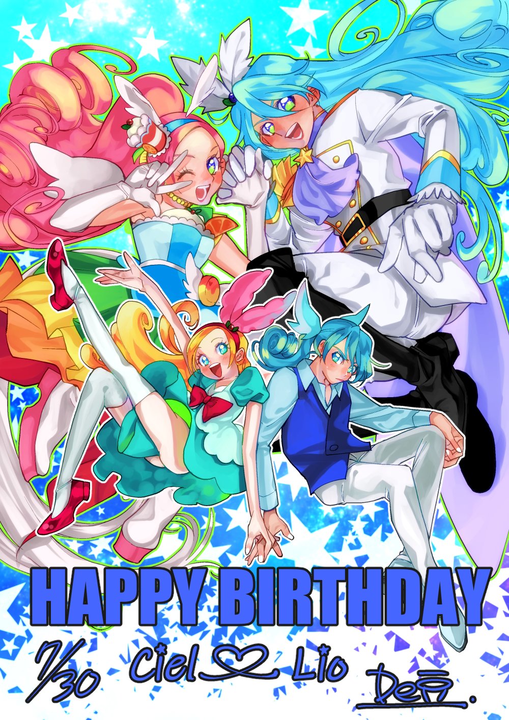 2boys, 2girls, blonde_hair, blue_eyes, blue_hair, brother_and_sister, cravat, cure_parfait