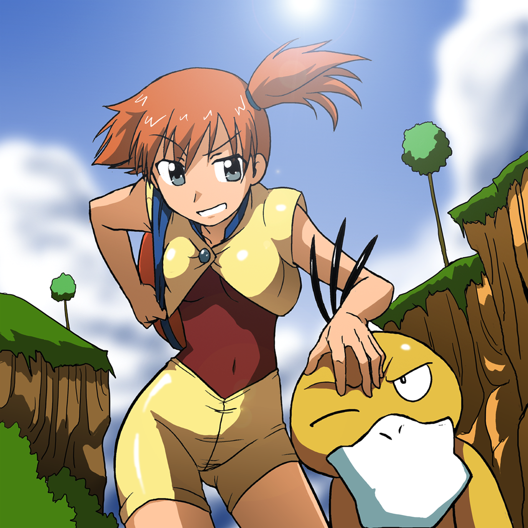 1girl, cloud, duck, kakkii, kasumi_(pokemon), kasumi_(pokemon)_(ag), orange_hair, outdoors