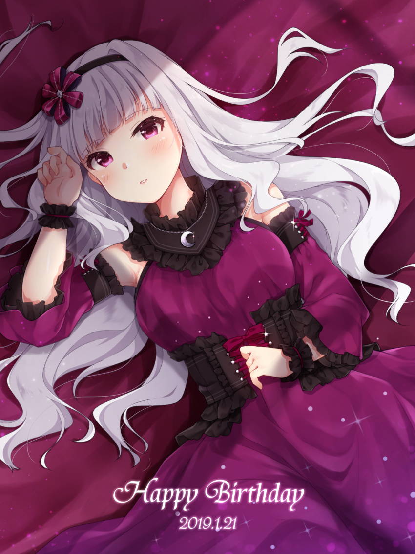 1girl, armpits, bed_sheet, blush, breasts, commentary, corset, detached_sleeves