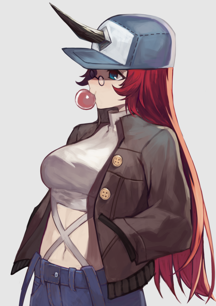 1girl, baseball_cap, black-framed_eyewear, blue_eyes, blue_hat, blue_pants, blush, breasts