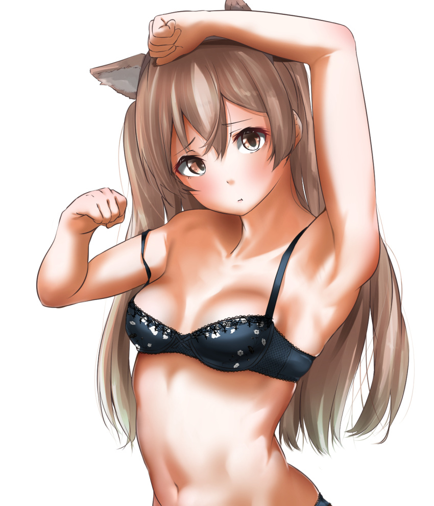 1girl, animal_ears, armpits, black_bra, blush, bra, breasts, brown_eyes