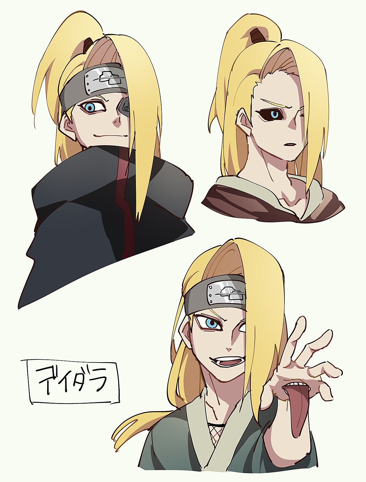 3boys, beige_background, black_sclera, blonde_hair, closed_mouth, collarbone, deidara, extra_mouth