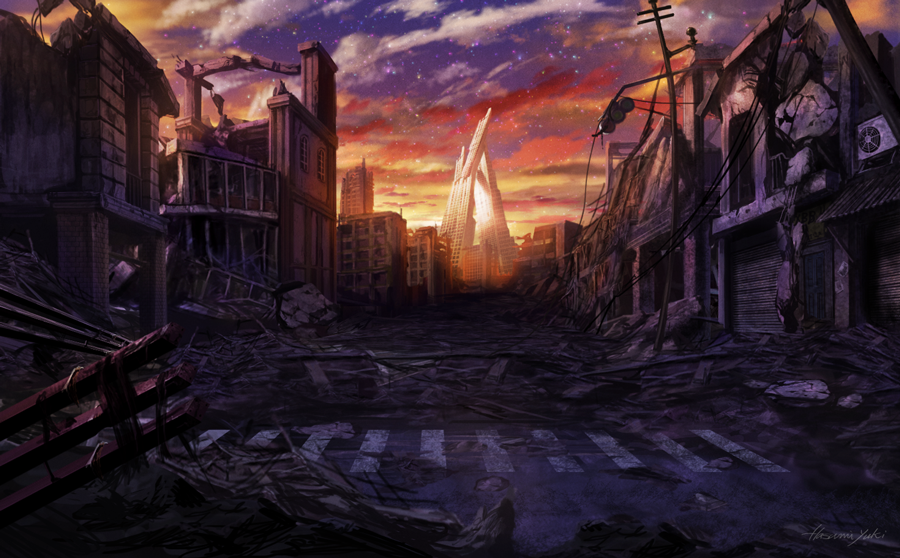 building, city, cityscape, clouds, cloudy_sky, commentary_request, crosswalk, debris