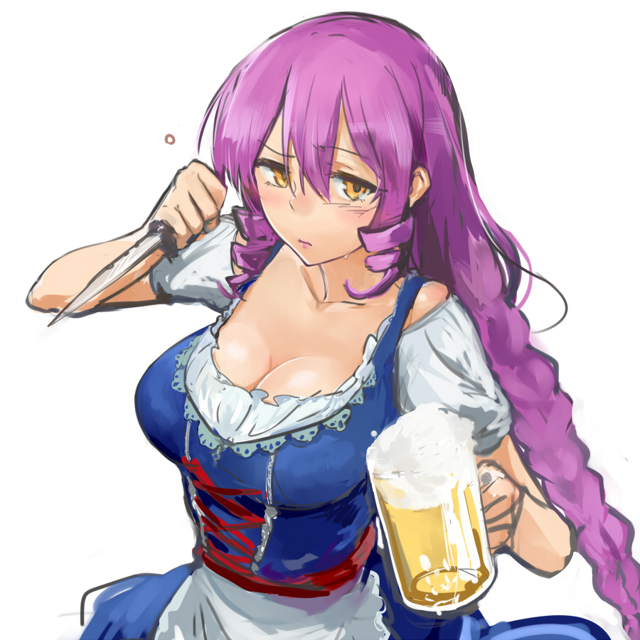 1girl, aimitsu_(ibityuttyu), akuma_no_riddle, apron, beer_mug, braid, breasts, cleavage, collarbone, corset, cup, diomedea, eyebrows_visible_through_hair, hair_between_eyes, holding, holding_cup, holding_knife, inukai_isuke, kadokawa_shoten, knife, large_breasts, long_hair, looking_at_viewer, meer_campbell, purple_hair, short_sleeves, simple_background, solo, standing, very_long_hair, waist_apron, white_apron, white_background, yandere, yellow_eyes