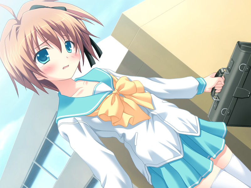 bag, blush, brown_hair, dutch_angle, game_cg, hair_ribbon, hair_ribbons, love_kiss!_anchor, moritan, ribbon, ribbons, school_bag, school_uniform, serafuku, short_hair, source_request, tears, thigh-highs, thighhighs